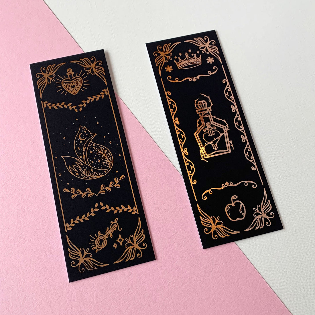 Fox and Broken Hearts Rose Gold Foil Bookmarks